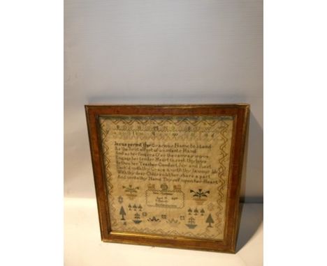 A George IV sampler by Jane Gubbins age 7 1827 Trillacott North Petherwin, with prayer, alphabet, crown, lions, hearts and va