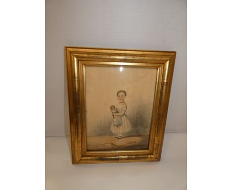 A Victorian English naive watercolour depicting a young girl in white dress holding her doll and with skipping rope on the gr