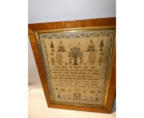 A Victorian sampler by Mary Oates aged 11 years March 12th 1850, with prayers and various motifs including Adam and Eve, a ho