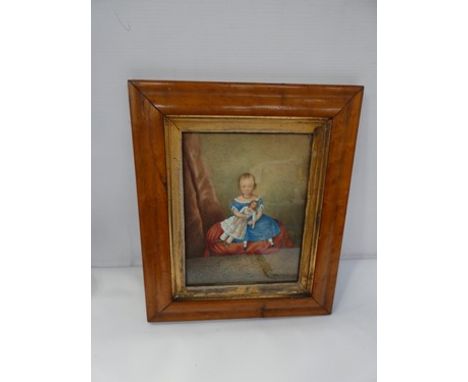 A Victorian naive watercolour depicting a young girl in blue dress, seated upon a red cushion holding her doll, unsigned, gla