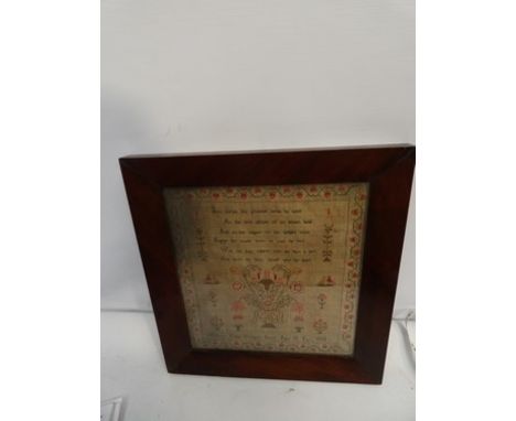 Victorian sampler by Charlotte Fisher Uffington School aged 13 years 1838, with prayer and bird and floral motifs, glazed and