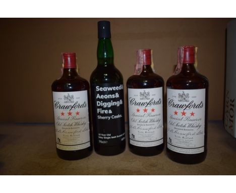3 x 75cl bottles of Crawford's Special Reserve old scotch blended whisky and 1 x 70cl bottle of Seaweed Aeons &amp; Digging &