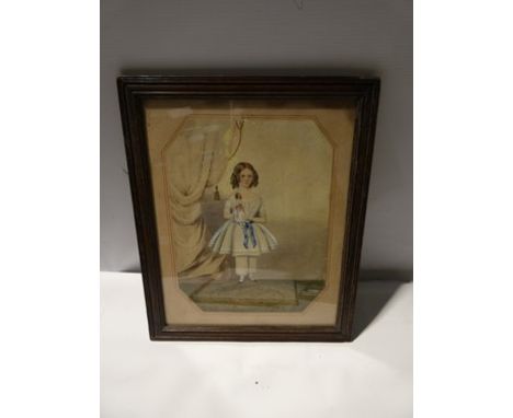 A Victorian English naive watercolour depicting a young girl holding her doll in an interior setting, signed J.E. Bosanollet 