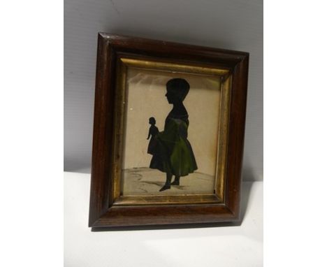 A collection of 5 silhouettes comprising one Victorian silhouette depicting a young girl holding a doll, glazed, gilt surroun