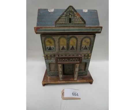 A Rufus Bliss wooden two storey dolls house with original lithograph paper and marked R. Bliss on front door and with a selec