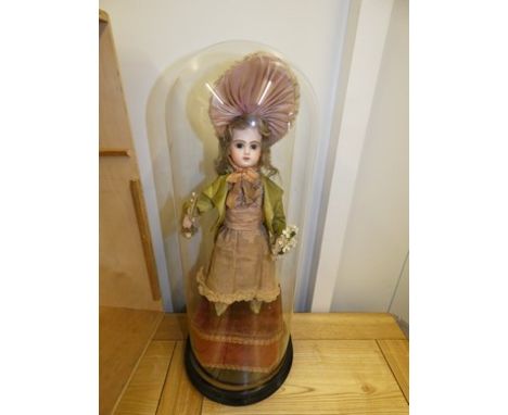 A rare Leopold Lambert Jumeau bebe bisque head doll, brown glass eyes, closed mouth, original blonde mohair wig on cork pate,