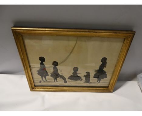 A Victorian silhouette with gilt detail depicting one young girl seated with a begging dog, one young girl holding a basket o