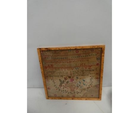 George III sampler by Ann Pounder aged 10 years February 26 1818, with prayer, alphabet and floral decoration, size 16½" (42c