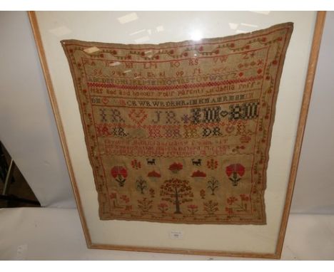 Victorian sampler by Arabella Roff September 12 1833, with prayer, alphabet and dog, floral and tree motifs, size 16½" (42cm)