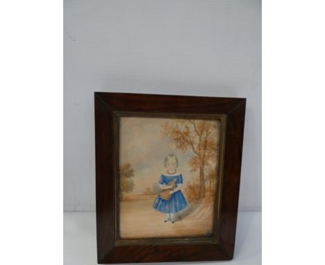 A Victorian naive watercolour depicting a young girl in a blue dress holding her doll in a background of trees, signed A. Stu