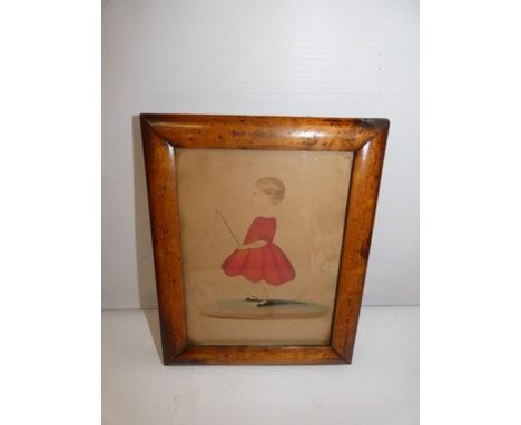 A Victorian English naive watercolour depicting a young girl in red dress holding a rope, unsigned, glazed and in walnut fram