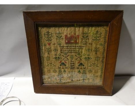 A William IV silk sampler on linen background, by Ann Archer aged 11 years 1836, with prayer "Though rough and thorny be the 