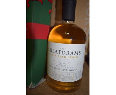 1 x The Great Drams single cask series Girvan 14 year-old grain Scotch whisky, No 83, 1 x 70cl bottle of Penderyn Celt single