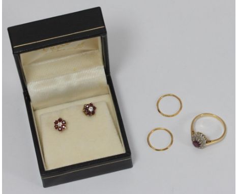 An 18ct gold, diamond and ruby ring together with a pair of 9ct gold, diamond and ruby earrings, pair of gold sleeper earring