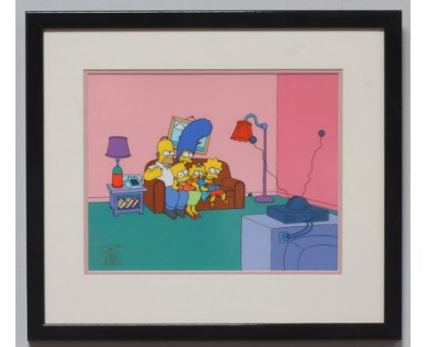 A limited edition Serigraph Cel depicting The Simpsons sat on their sofa, entitled 'Bart-O-Lounger', mounted glazed and frame