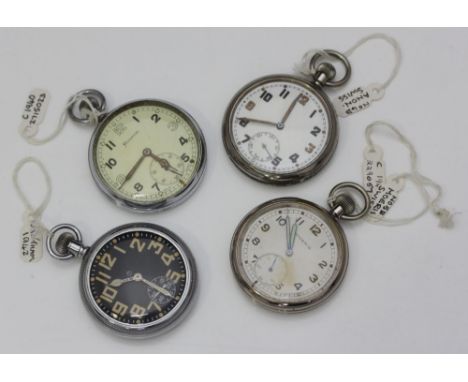 Four assorted 20th century open-faced military pocket watches including examples by Moeris and Helvetia etc. each with Arabic