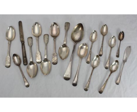 A large Georgian silver serving spoon, together with a set of six silver dessert spoons, six silver teaspoons and other silve