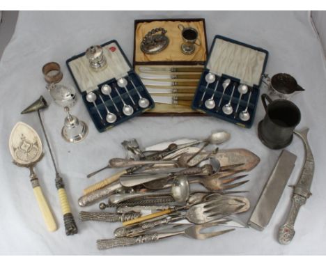 Various silver-plated flatware including fish servers, carving sets, pickle forks and meat skewer etc 