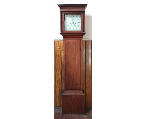 A George III mahogany eight-day longcase clock, with dentil moulded cornice above white painted dial with calendar aperture, 