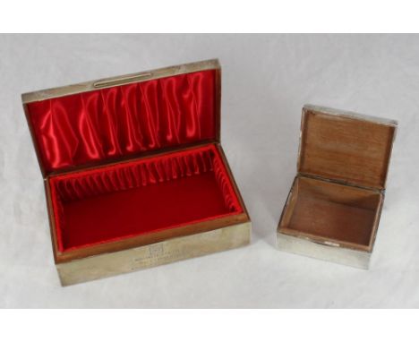 A silver rectangular wooden-lined cigarette box, inscription from Whitbread &amp; Co in recognition of 20 years service, Birm