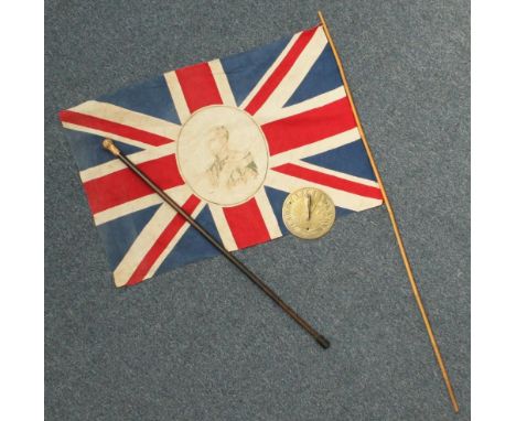 An Edward VII coronation flag, together with a gold-plated topped walking stick and a brass sundial marked '1707 redeem ye ty