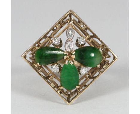 A 14K gold, jade and diamond set ring, the filigree square top modelled as a clover leaf, 4.5 grams, gilt-tooled black leathe