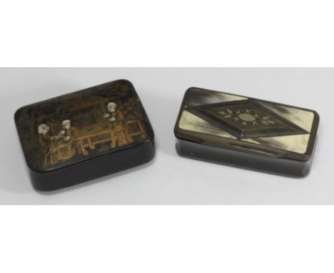 A Japanese Meiji period lacquer snuff box decorated in gilt with figures in a garden, 7.5cm diam, together with a Scottish ho