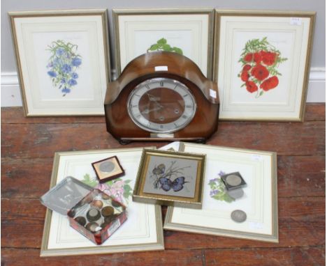 An 1889 Morgan Dollar and other coins and commemorative Crowns, together with a mantel clock and set of five limited edition 