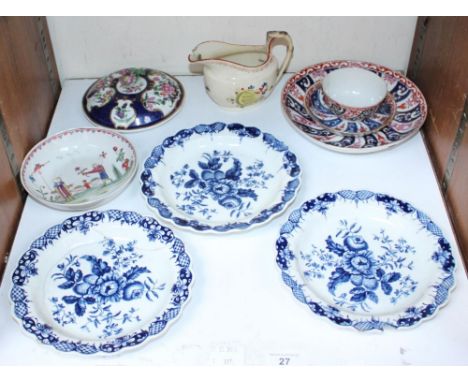 SECTION 19.  A collection of 18th century Worcester porcelain including three blue and white dishes, spiral patter trio, dish