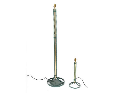 Robert Welch for Chad Lighting of Birmingham: two wrought iron and brass lamps, a green twist framed and brass standard lamp 