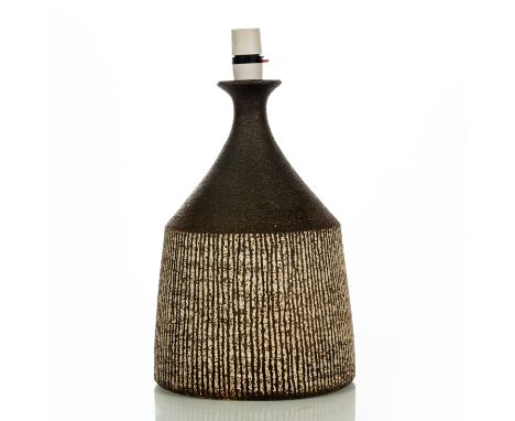 Waistel Cooper (Scottish 1921-2003), a stoneware cylindrical lamp with waisted neck, white and manganese brown ribbing to the