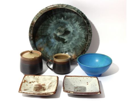 Janet Leach, St Ives pottery, a pair of square dishes, wax resist decoration, impressed seal marks, 13cm wide and a group of 