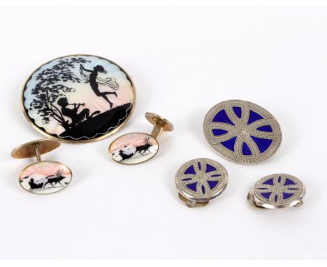 A pair of Scandinavian enamelled cufflinks (SGR) and brooch (NA) and a Scottish enamelled brooch and matching ear clips