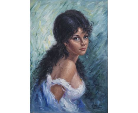 Gaetano Vitale (Italian 20th Century)/Portrait of a Young Woman/head and shoulders in a white dress/signed lower right/oil on