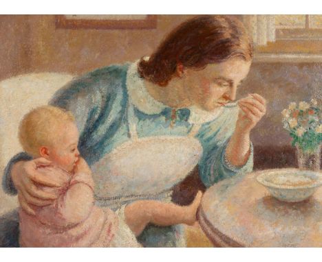 Hubert Arthur Finney (British 1905-1991)/Nursery Scene/oil on board, 43cm x 59cm/together with the original sketch in red cha