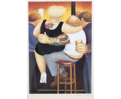 Beryl Cook (British 1926-2008)/Two on a Stool/signed in pencil and with blind stamp/colour lithograph, the plate 37cm x 25cm 
