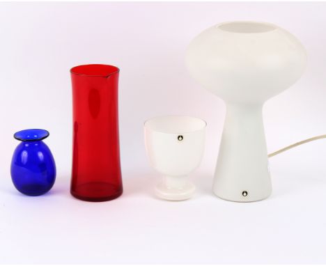Pukeberg Sweden, a white glass lamp, 29.5cm high, a Pukeberg white glass goblet, 13cm high and two pieces of coloured glass