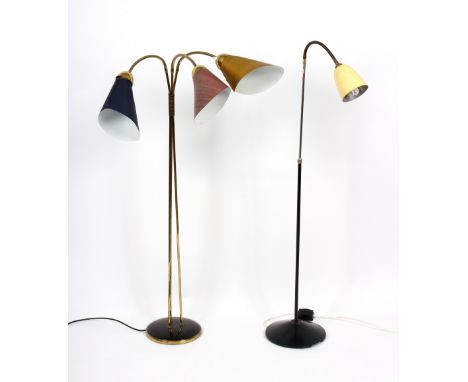 Manner of Guiseppe Ostuni, an Italian gilt metal standard lamp with three adjustable shades and another standard lamp