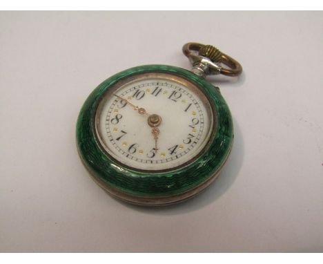 Marked 800 a lady's guilloche fob watch, white enamel dial, Arabic numerals, 3.5cm long  