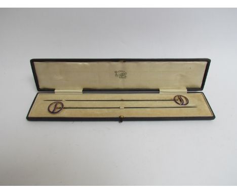 A pair of 9ct gold and blue enamel hatpins in fitted case retailed by S.Lanyon Portsmouth Naval Jewellery Specialists