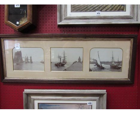 A series of vintage photographs, boats coming out of Gorleston framed as one 24cm x 78cm