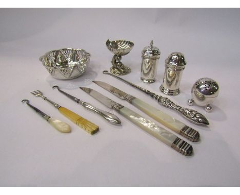 Mixed lot of mostly silver  including Bon Bon dish, salts button hooks and pair of French silver and M.O.P knives