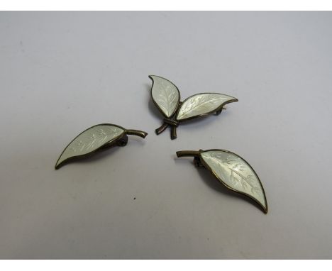 A David Andersen of Norway sterling silver white enamel leaf brooch and matching earrings