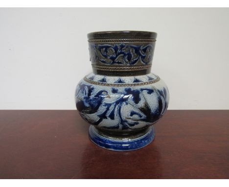 A late 19th Century Fulham pottery Arts and Crafts vase with bird decoration base marked C.J.C Bailey, Fulham, 20cm tall