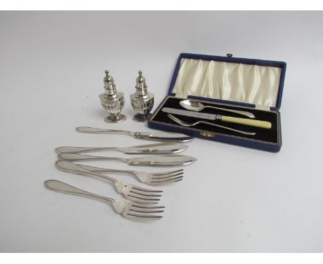 Two silver pepperettes and associated plated flatware