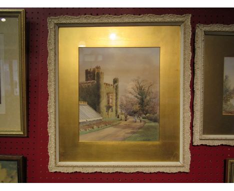 A watercolour depicting Stately House with figures in garden monogrammed E.B. '93, framed and glazed, 28cm x 24cm