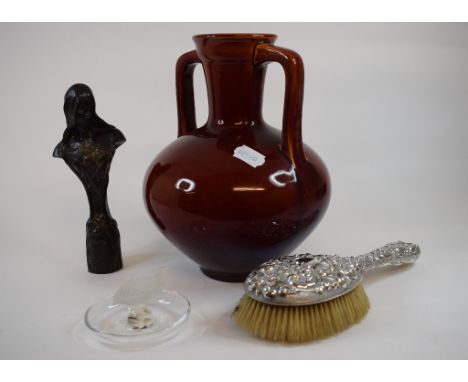 A Burmantofts pottery vase, 1819, a Lalique glass ashtray, applied a grouse (a.f.), other ceramics, a silver backed hair brus