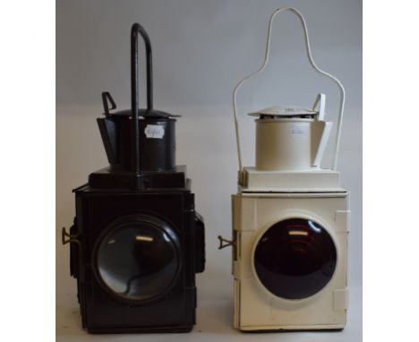 A British Rail paraffin lamp, the neck impressed B.R(W), 47 cm high, and another similar, the neck impressed B.R(M) (2)