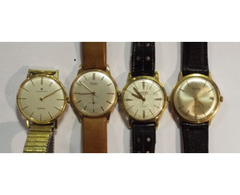 A gentleman's gold plated Hamilton St. James wristwatch, with baton indices, and three others by Roamer, Ingersoll and Rodani
