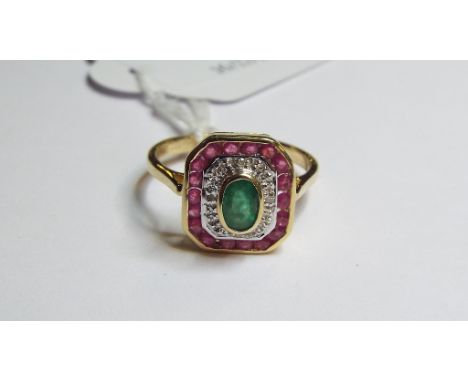 An Art Deco style 9ct gold, emerald, ruby and diamond ring